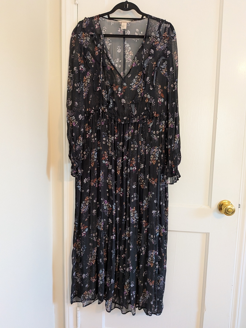 H&M Black Floral Chiffon Ruffle Maxi Dress Long Sleeve Size 8